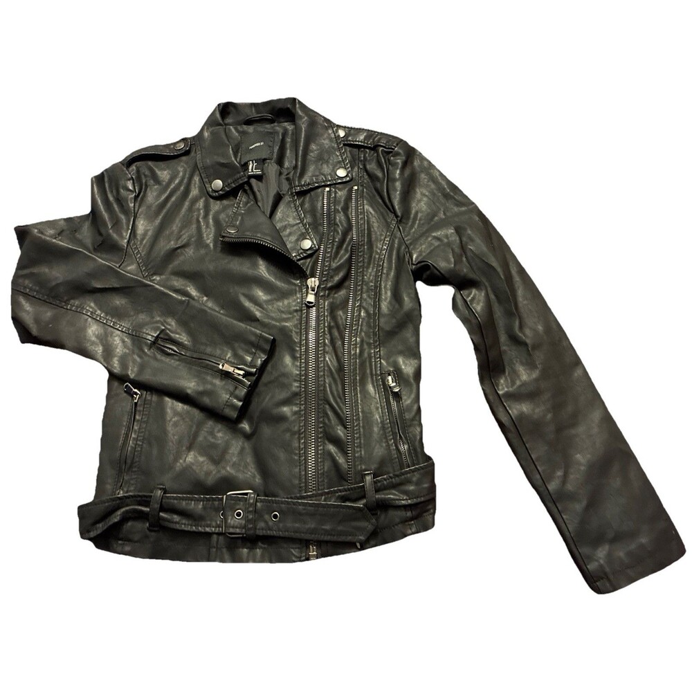FOREVER 21 Womens S/P Black Biker Faux Leather Jacket Coat Belt Zipper Pockets